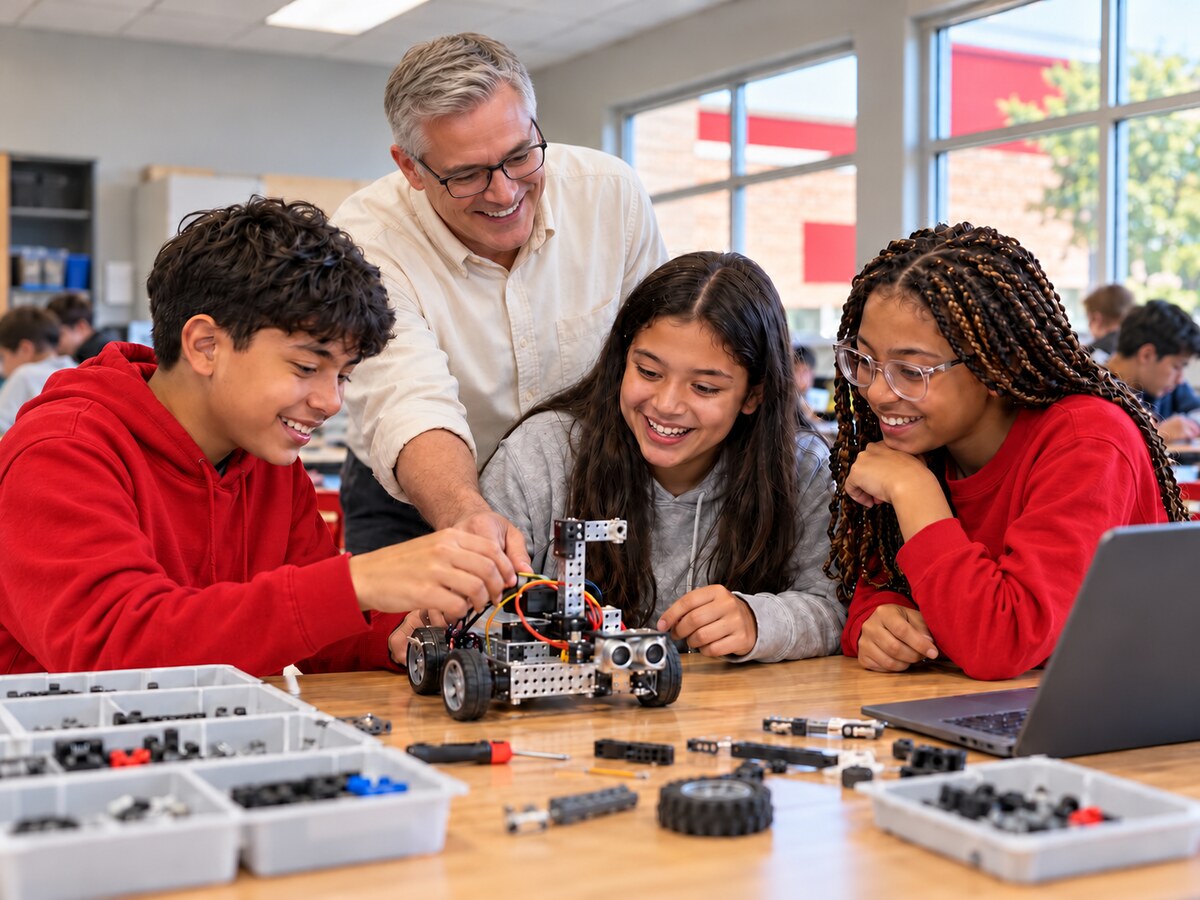 Students and a teacher exploring a classroom robotics project