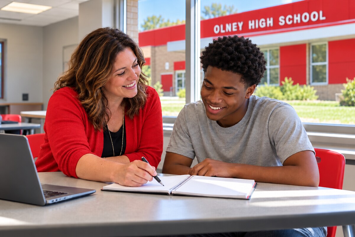 A mentor and a student working together at a classroom table
