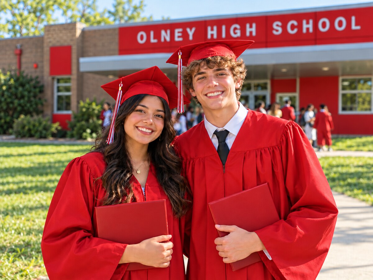 Graduates in red caps and gowns outside a school
