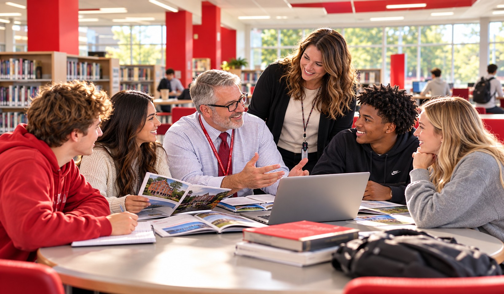 Students discussing college plans with a counselor and teacher in the school library