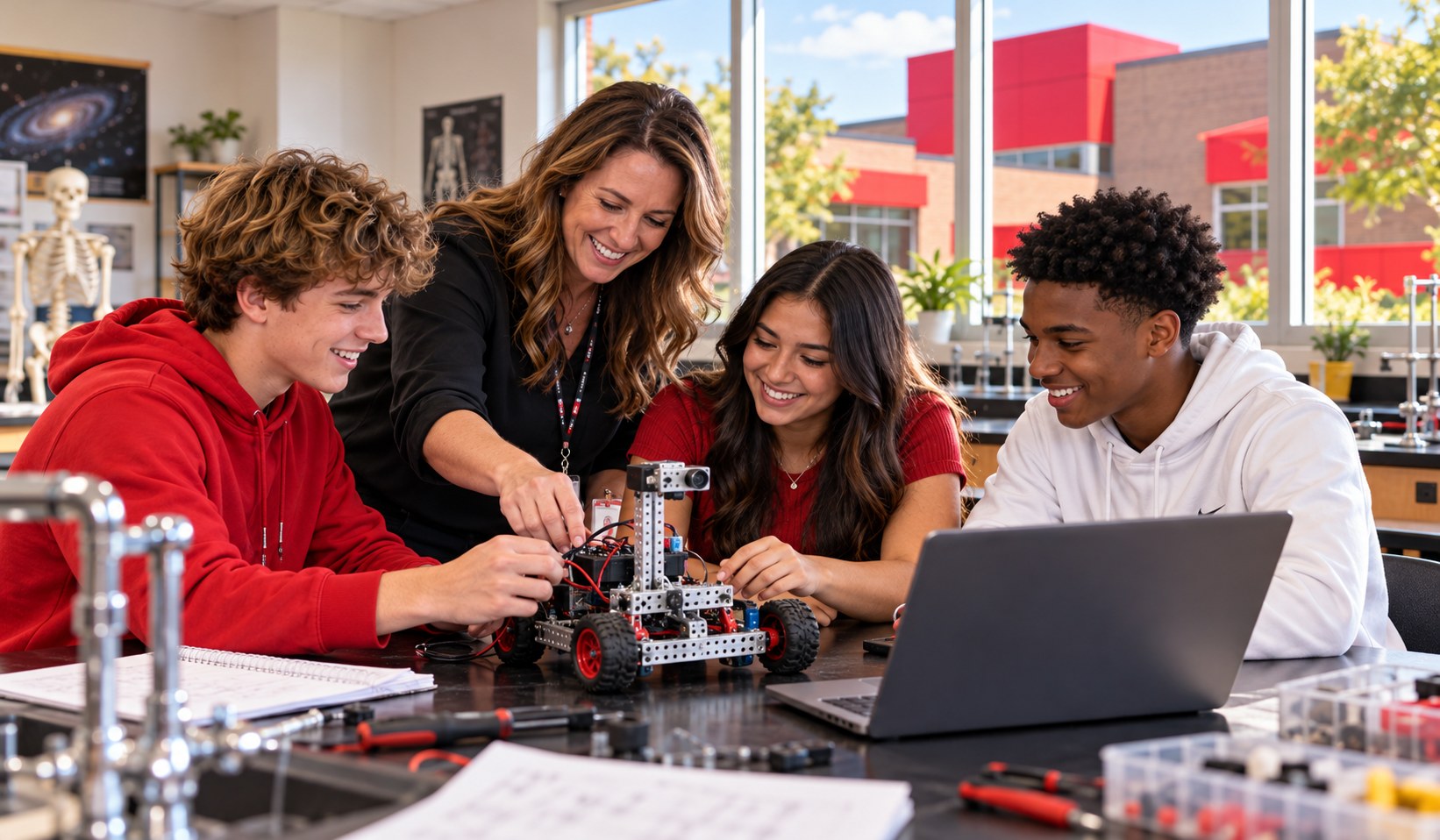 Students and a teacher working together on a classroom robotics project