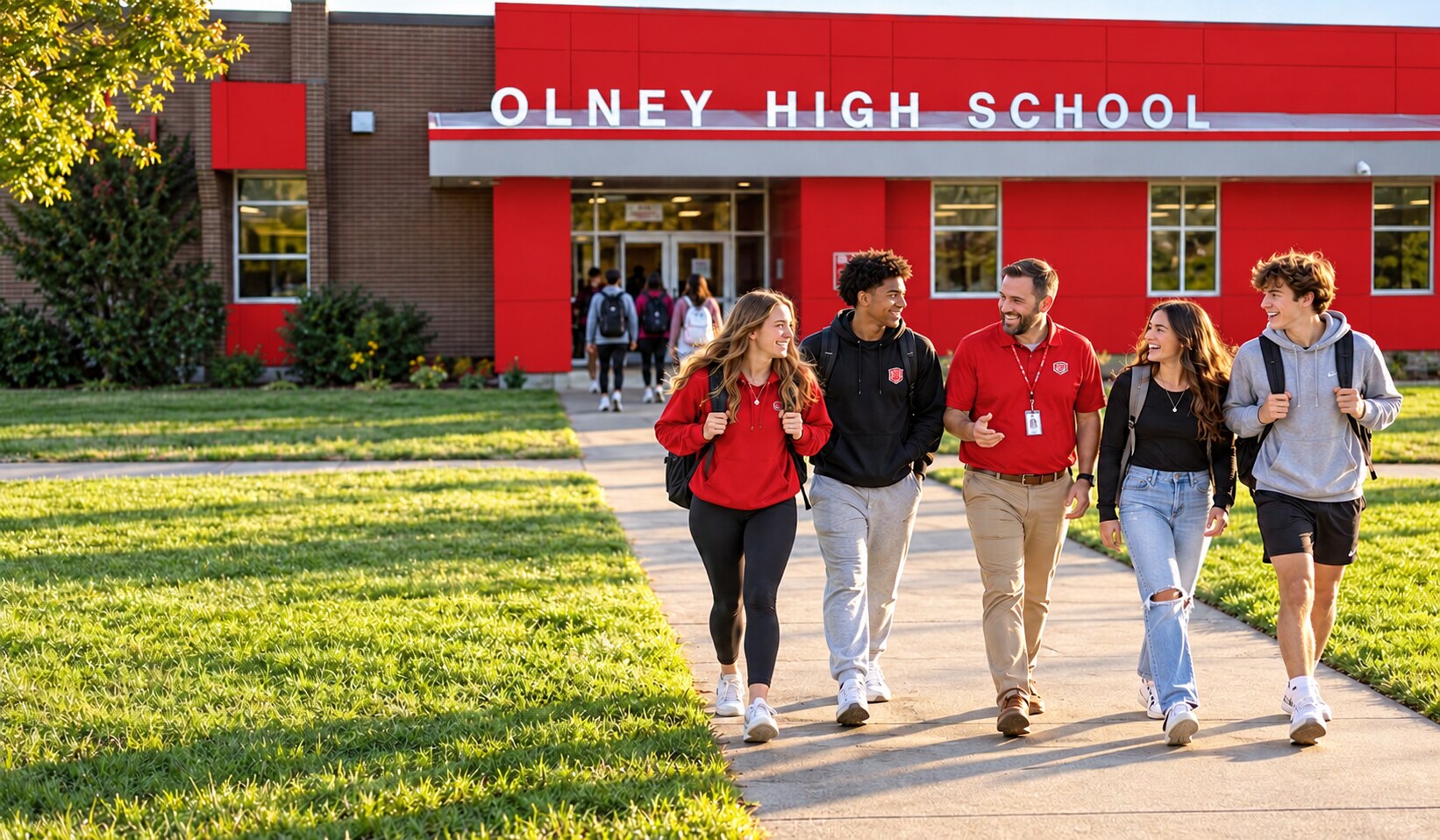Students and a faculty member outside Olney High School
