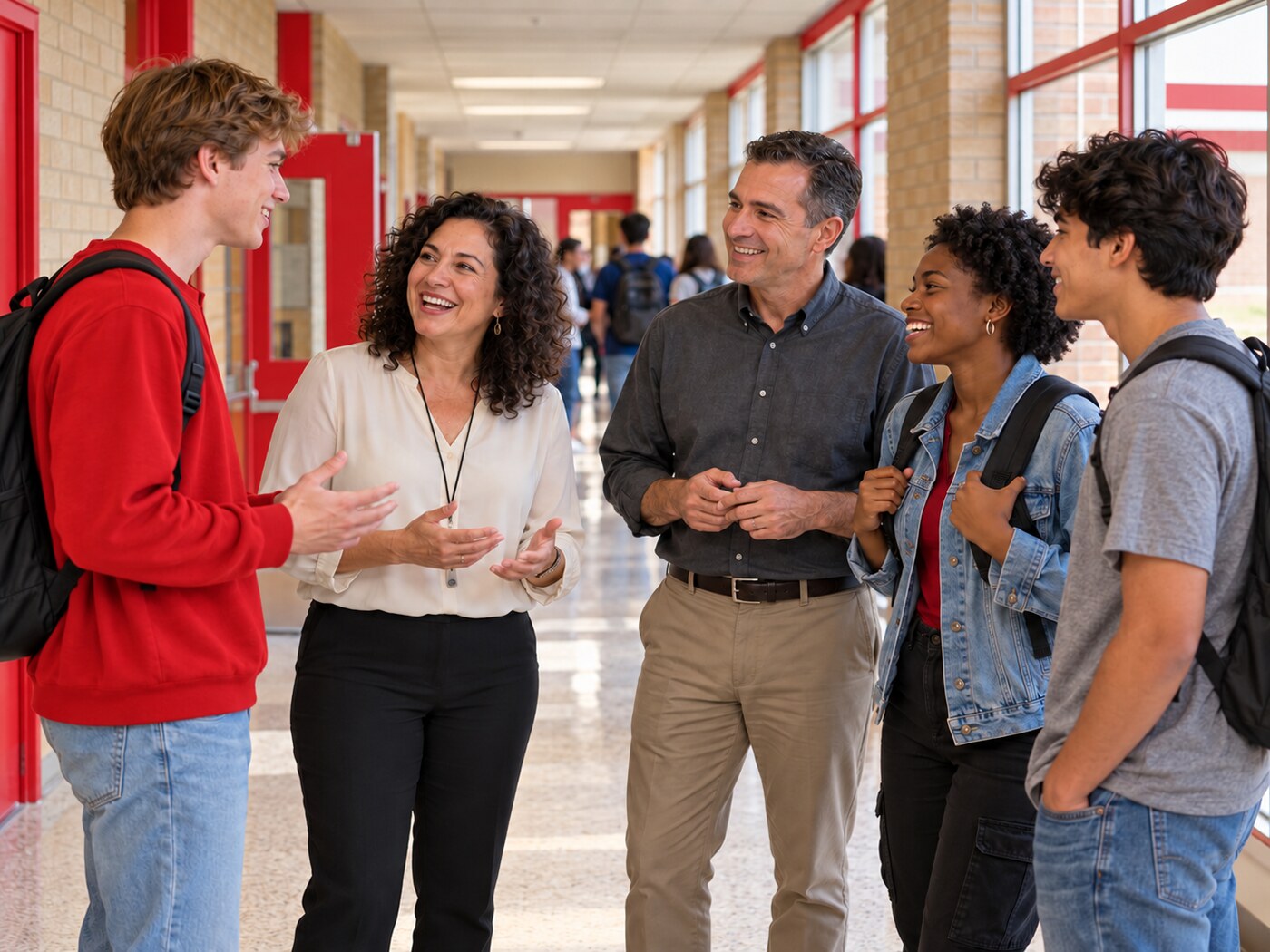 Students and teachers conversing in a school hallway