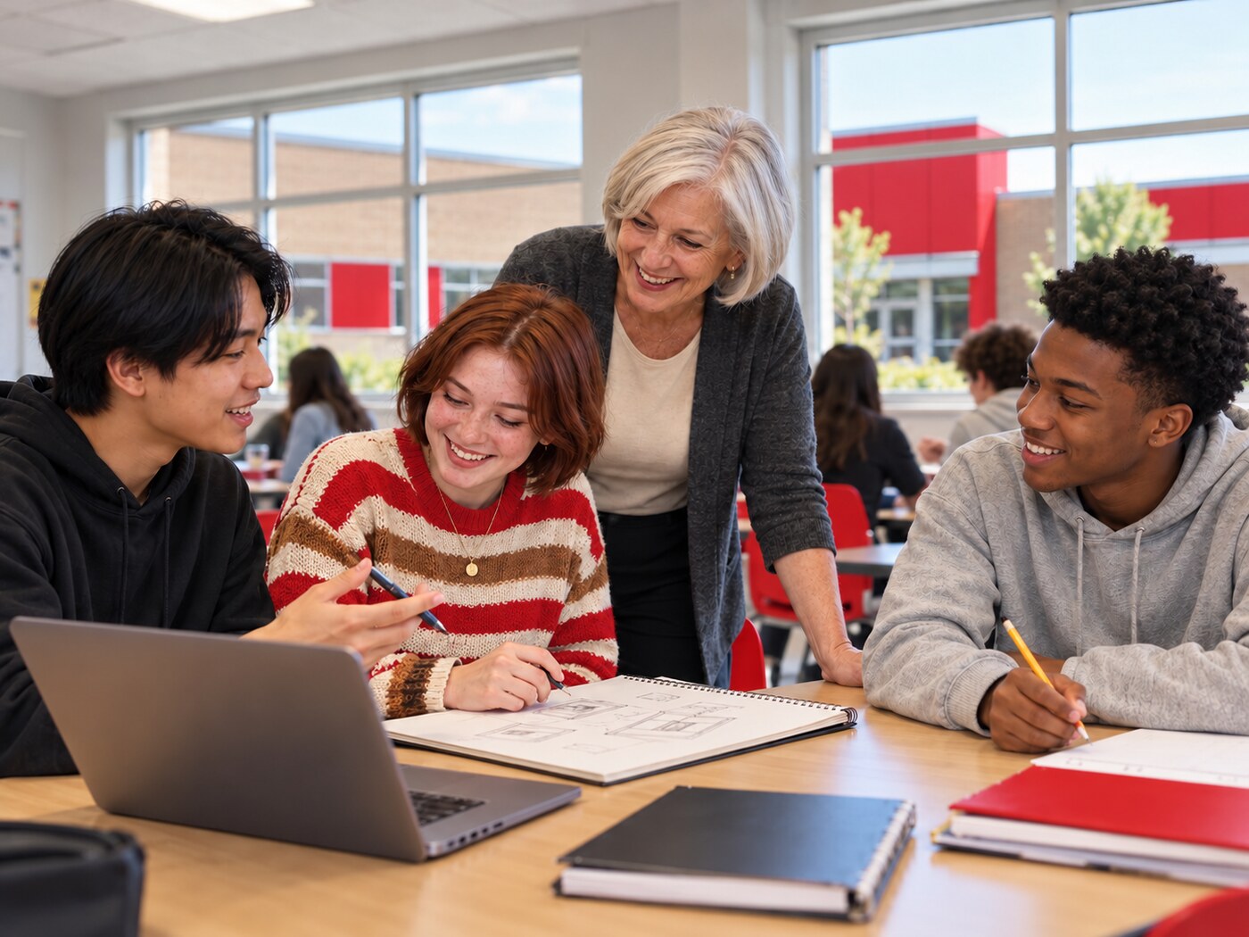 Students and a teacher collaborating on a classroom project