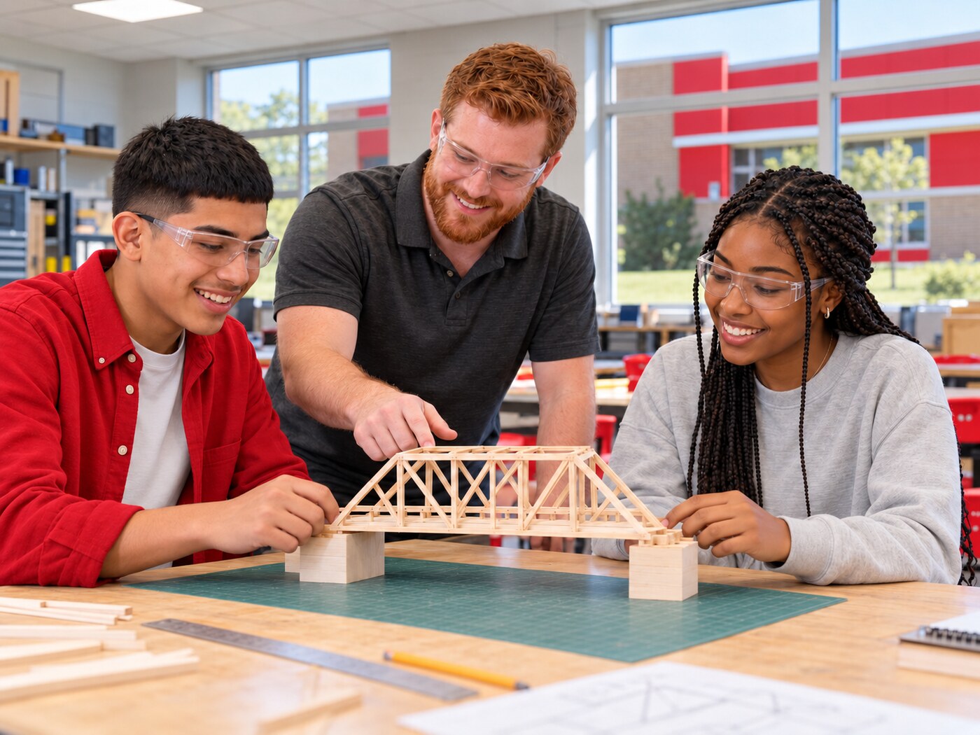 Students and an instructor building a model bridge